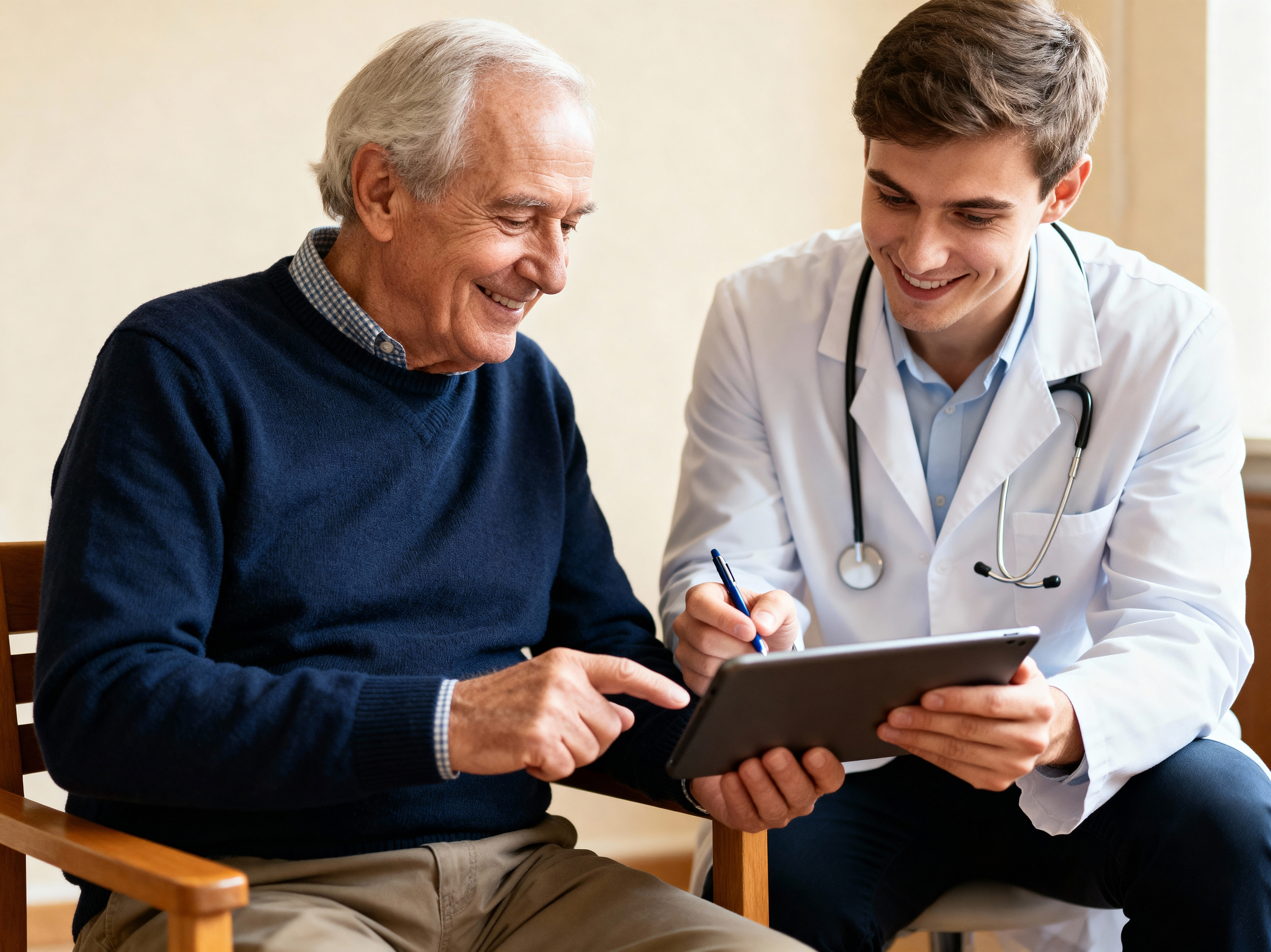 Doctor showing tablet to elderly patient